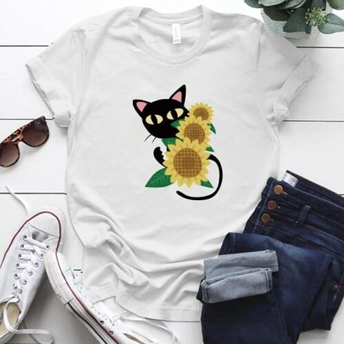 Black Cat Sun Flowers Printed Funny Tshirt Women Short Sleeve Summer Tshirt Graphic Tees Women Tops for Girl Laides Femme