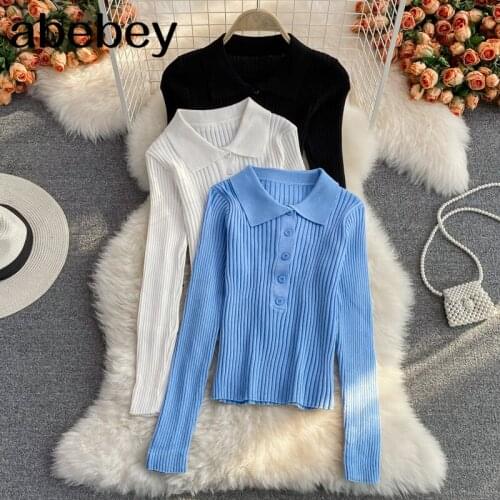 2021 New Spring Autumn Fashion turn down collar long sleeve knitted Pullover single breasted high waist short Sweater Top