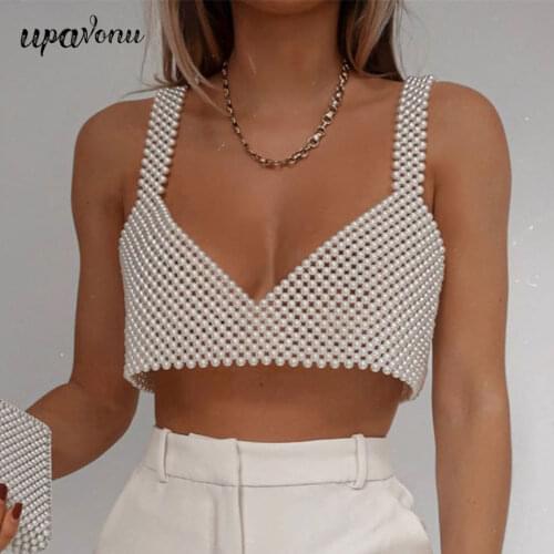 Free Shipping 2020 High Street Deep V Neck Pearl Vest Women Fashion Crop Top Ladies White Sleeveless Sexy Club Tank Top Blusas