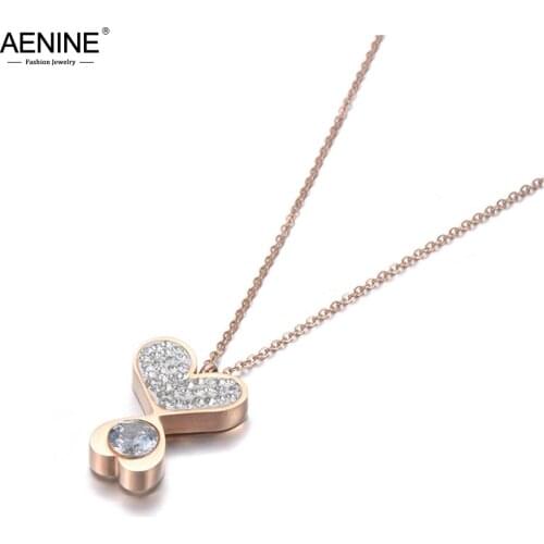 AENINE Trendy Stainless Steel Double Heart Charm Pendant Jewelry Rose Gold CZ Crystal Choker Wedding Necklaces For Women AN19091