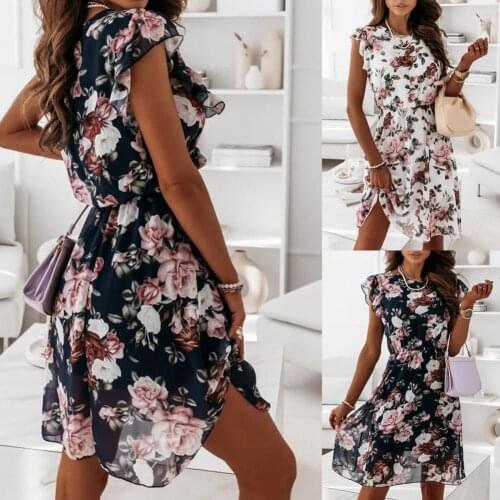Midi Dress Floral Print Ruffles Sleeve Women Round Neck Large Hem Dress for Dating Sundress Elegant Summer Dress Ladies Clothing
