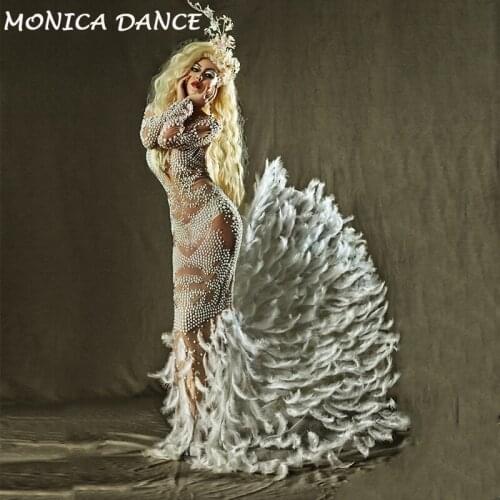 Women Luxury Big Pearls Rhinestones Feather Dress Womens Birthday Celebrate Costume Party Female Singer Stage Performance Dress