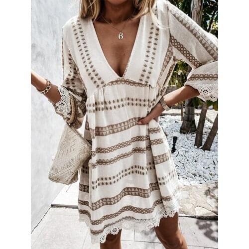 Women Stripe Prints Elastic Waist Knee-Length Dress Sexy Deep V Neck Long Sleeve Dress Summer Backless Lady Dresses Vestidos