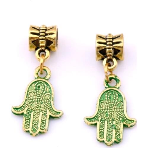 5Pcs/lot Hamsa Hand charm Dangles Beads Fit European Bracelet Verdigris Patina Plated Antique gold 13x30.5mm A-374a