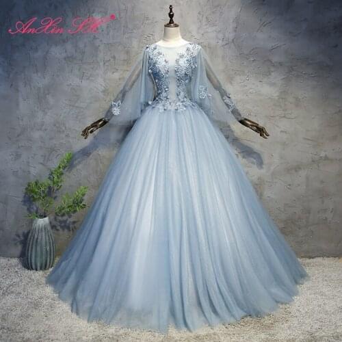 AnXin SH vintage princess rose flower blue lace beading crystal o neck batwing sleeve ball gown bride stage party evening dress