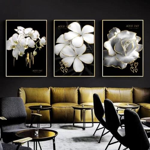 White Flower Picture Home Decor Wall Art Canvas Art Painting Nordic Golden Luxury Art Posters and Prints for Living Room Design