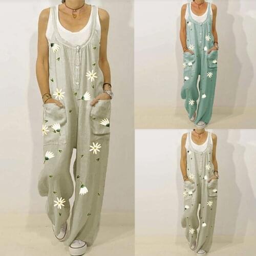 Rompers Fashion Jumpsuits Women Sleeveless Buttons Plus Size Casual Daisy Printed Long Bib Pants Elegant Pockets Work Overalls