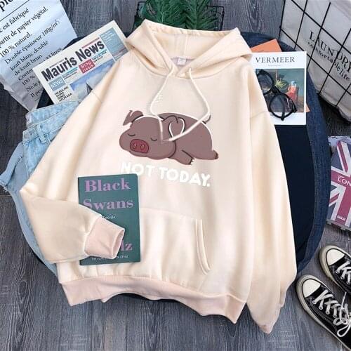 Tot Today Cute Cartoon Pig Prints Hoodie Woman 2021 Comfort Simple Hooded Harajuku Casual Hoodies Fashion Lace-up Women Hoody