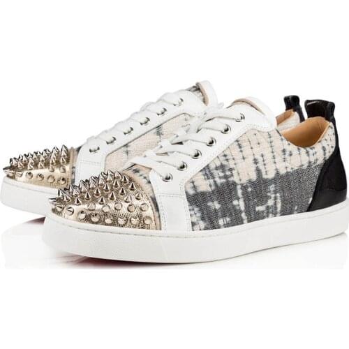 Mens Studded Rivet Spike Canvas Casual Shoes Leather Patchwork Flats Low Top Lace Up Breathable Casual shoes men