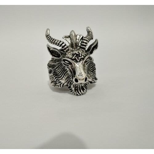 Retro Sheep Goat Horn Head Finger Ring Satan Worship Baphomet Aries Zodiac Wicca Star For Men Boy Gift Punk Biker Animal Jewelry