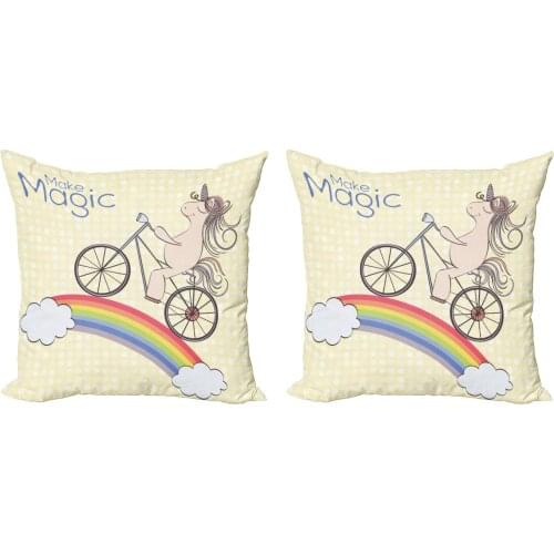 Make Magic Unicorn Pillow Cushion Cover Pack of 2 Riding a Bike on Rainbow Zippered Double-Sided Accent for Living Room