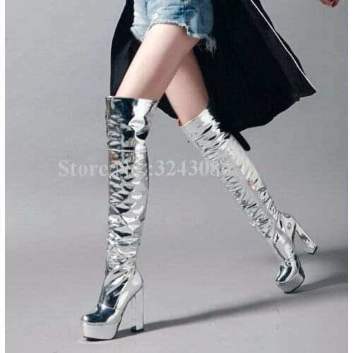 New Silver Color Chunky Heel Platform Long Boots Women Sexy Pointed Toe Stiletto Heel Patent Leather Over the Knee Boots Lady