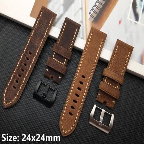 Genuine cow Leather watchband Handmade dark brown Band Retro Watch belt 24mm for Panerai strap Man buckle logo tool