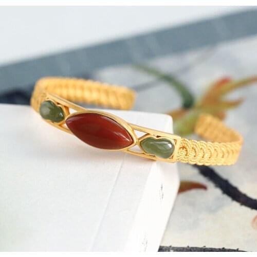 Silver inlaid natural Hetian chalcedony enamel bracelet classical gourd weaving unique aventurine craft female jewelry