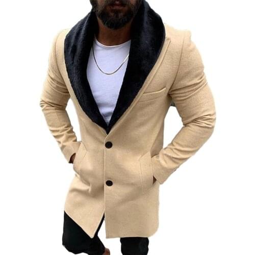 Mens Trench Coat Fur Turn-down Collar Long Overcoat Winter Windbreak Jackets Casual Solid Colour Outerwear Fashion Woolen Coat