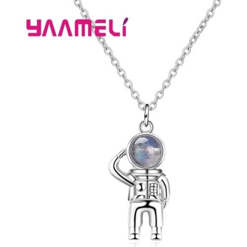 Mujer 925 Sterling Silver Salute Spaceman Moonstone Crystal Pendant Necklace For Women Christmas Simple Collarbone Chain Jewelry