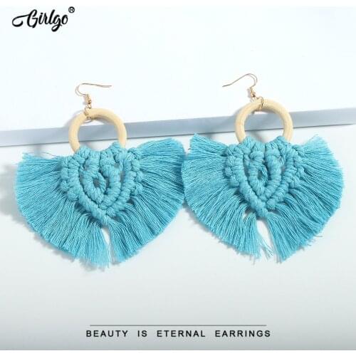 Girlgo Ins Handmade Tassel Statement Earrings for Women Big Size Leaf Fringe Haning Earring Charm Sector Jewelry