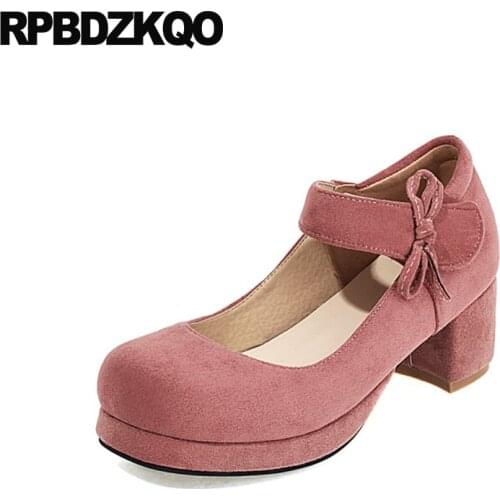 Pink Customized Round Toe High Heels Ladies School Pumps Thick Platform Lolita Shoes Suede 11 43 Sweet Bow Strap Mary Jane 10 42