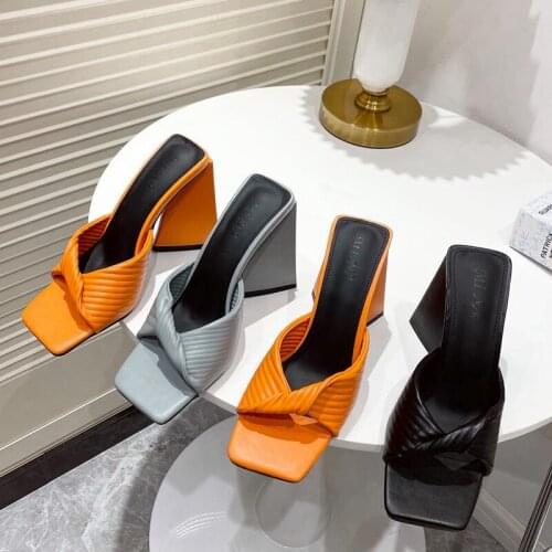 SUOJIALUN 2021 New Women Slipper Fashion Square High Heel Ladies Bow-knot Sandal Shoes Open Toe Slip On Slides Shoes Flip Flops