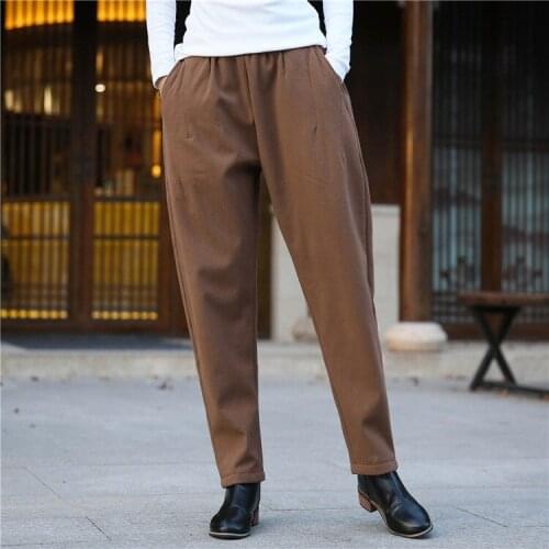 Women Loose Solid Color Elastic Waist Cotton Linen Pants Ladies Vintage Winter Fleece Trousers THick Pants Female Pants