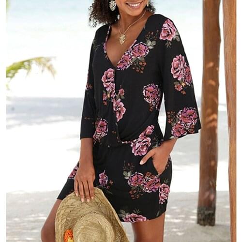 Black Printed Floral Flare Sleeve Romper Women Summer Sexy Deep V-Neck Tie Tassel Backless Casual Beach Style Loose Women Romper
