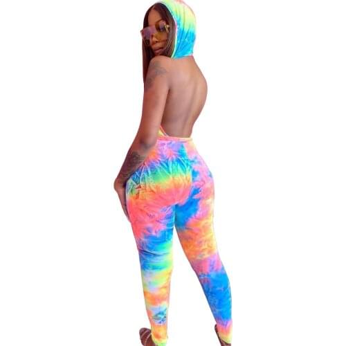 Womans Fashionable Sexy Tie-dye Casual Jumpsuit Sleeveless Halter Hooded Backless Slim Elastic One-piece Romper