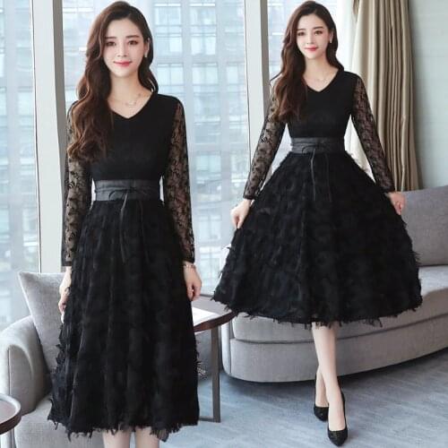 2021 Autumn Winter New Plus Size Vintage Lace Evening Midi Dresses Women Bodycon Korean Black Dress Long Sleeve Runway Vestidos