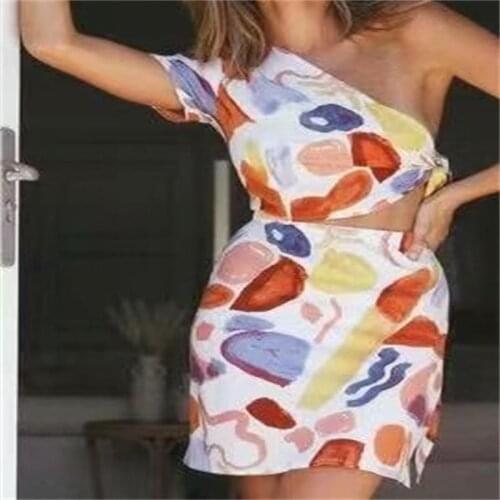 ZXQJ Women 2021 Fashion Sexy One-shoulder Off-the-shoulder Mini Dress Vintage Short Sleeve Female Dresses Vestidos Mujer