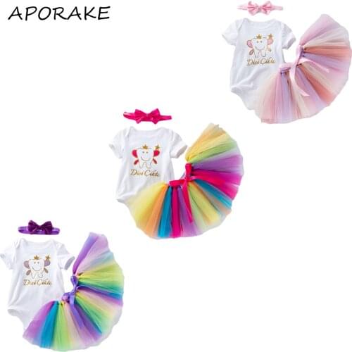 2021 0-24M Princess Baby Girl Clothing 3pcs Cartoon Print Short Sleeve Romper+Colorfull Tulle Tutu Skirt+Bow Headband For Party