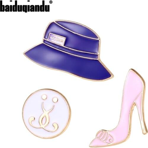 2021 New Arrival 3pcs Brooches Pins Set With Purple Hat and Pink High Heels and Round Button Enamel Bag Clothes Jewelry Pins