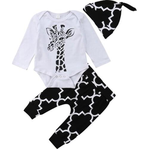 3Pcs Newborn Baby Boy Clothes Spring Autumn Long Sleeve Printed Rompers Tops +Long Pants Hat Boys Xmas Outfits 0-18M