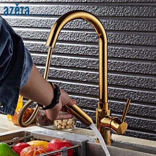 Azeta Pull Out Kitchen Faucets Golden Brass Kitchen Sink Tap 360 Degree Rotate Kitchen Mixer Deck Mounted Kitchen Faucet MK1608G