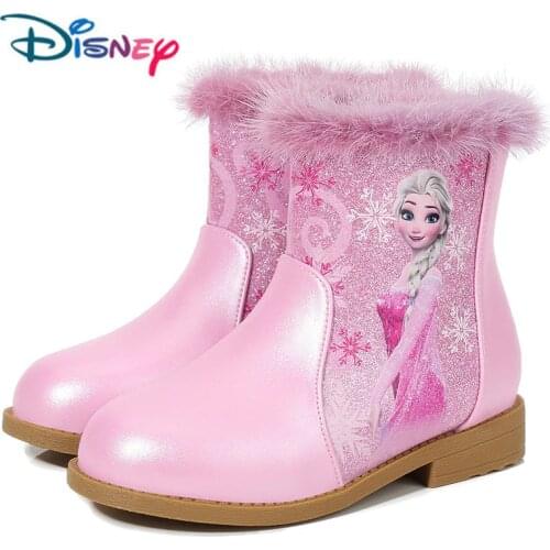 Disney New Elsa High Boots Girls Mid-heeled Autumn And Winter Warm Children Sequins Snow Shoes Frozen Boots