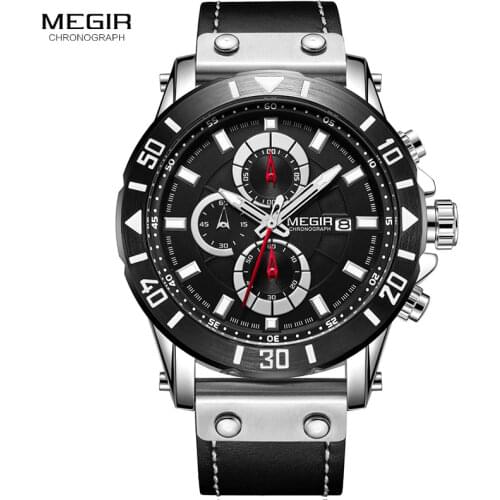 Megir Chronograph Quartz Watches Men Leather Strap Top Brand Luxury Sports Wristwatch for Man Military Relogios Clock 2081 Black