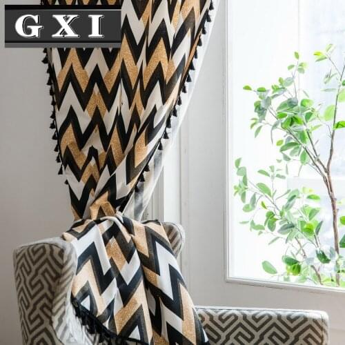 GXI Black Gold Curtains with Tassel Striped Semi Shade Door Kitchen Curtains for Bedroom Living Room Home Wedding Decor