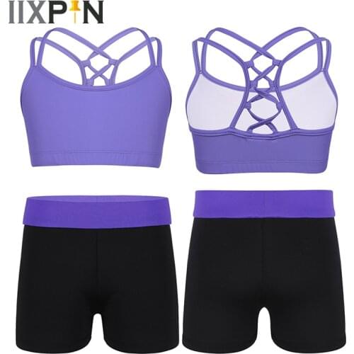 Kids Girls ballet dance crop top with shorts Gymnastic Leotards Criss Cross Back Tanks Bra Tops Crop Top for Sports Workout