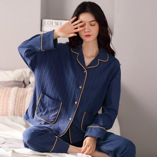Plus size homewear fashion pajamas simple elegant nightgown 2020 long-sleeve cardigan striped cotton casual bathrobe two-piece