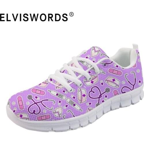 ELVISWORDS Women Nursing Flats Student Shoes Cute Purple Print Girls Casual Walking Shoes Nurse Sneakers Zapatos Tenis Feminino