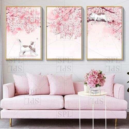 Canvas Paintings of Cute Cats Under The Cherry Tree On The Wall Pictures for The Living Room Warm Home Decoration Posters Prints