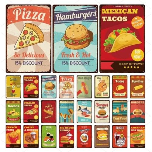 Fast Food Metal Sign Hamburger Pizza Sushi Decorative Iron Poster Plaque Vintage Fashion Modern Tin Painting for Bar Bistro Cafe