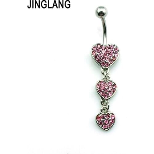 Fashion Western Style Navel Rings Surgical Steel Dangle Double Rhinestone Heart Piercing Navel Jewelry