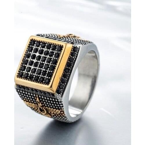 New Fashion Retro Big Ring Front Square for Men Inlaid Black Stone Crystal Eagle Pattern Ring Accessories Party Jewelry Size8-12