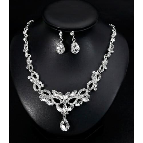 Luxury Female White Crystal Jewelry Set Charm Silver Color Wedding Dangle Earrings For Women Cute Bridal Geometry Chain Necklace