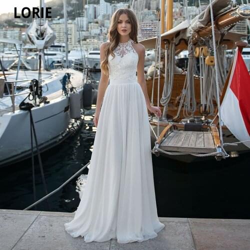 LORIE Chiffon Beach Wedding Dresses Elegant Appliques Lace Bride Gown Halter Neck Boho Princess Party Gowns with Lace-up 2020
