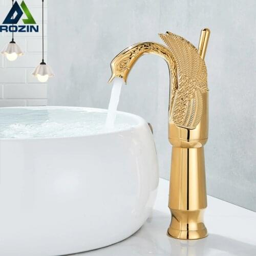 Swan Shape GoldenBasin Sink Faucet Bathroom Countertop Centerset Basin Mixer Tap Chrome Single Handle Swan Cold Hot Water Faucet