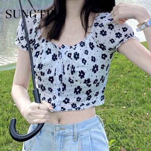 Sungtin Elegant Sexy Print Slim Super Short Blouse Shirt Women Party Floral Blouse Puff Sleeve Korean Fashion Camisetas Summer