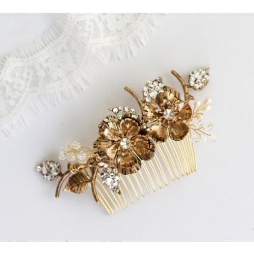 Vintage Gold Floral Bridal Hair Comb Crystal Women Hair Piece Handmade Wedding Prom Accessories Headwear