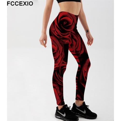 FCCEXIO Retro Red Rose Print Women High Waist Pants Fashion Plus Size Fitness Slim Soft Stretch Leggings Sexy Run Trousers
