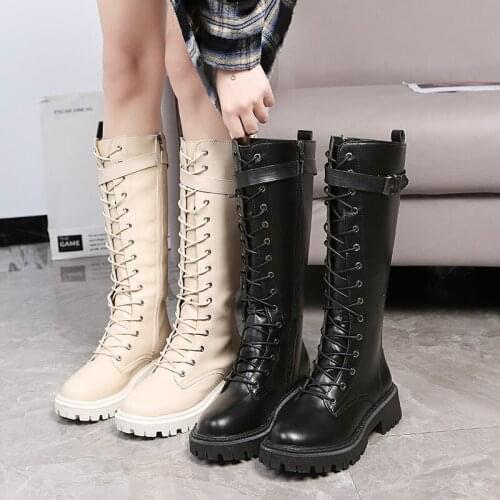 2021 Chunky Platform Leather Knee High Boots Women Increasing Long Woman Lace Up Booties Winter Mujer Womens Winter High Boots
