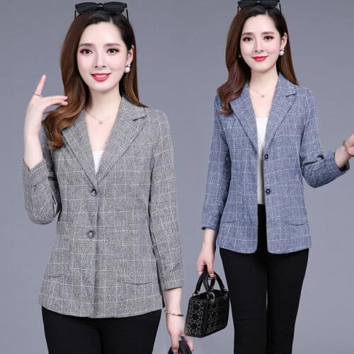 Middle Aged Women Spring Auumn Notched Collar Plaid Blazer Female Single Breasted Suits Coat Ladies Casual Pockets Blazers Z45